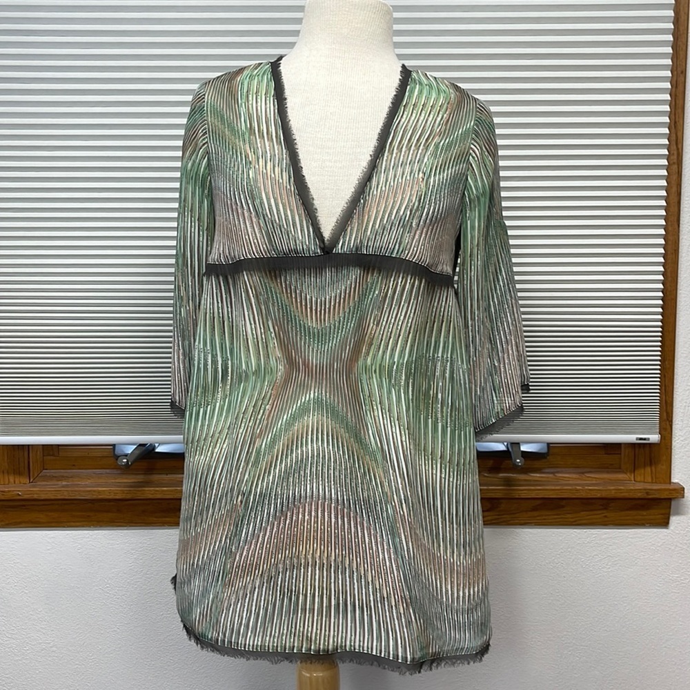 Cabi Green Striped Sheer Mood Jubilee V-Neck Tunic Top Blouse #997 Small